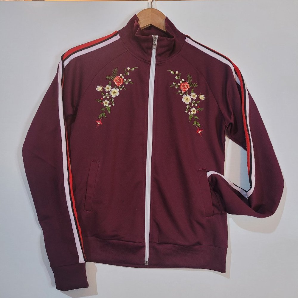 Southpole Top Women Junior Medium Track Jacket Red Embroidered Zip Floral y2k
